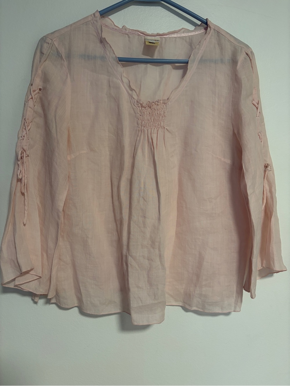 KLEEN 100% Ramie Linen Blouse Size L Pink Boho Lagenlook Lace-Up Sleeves